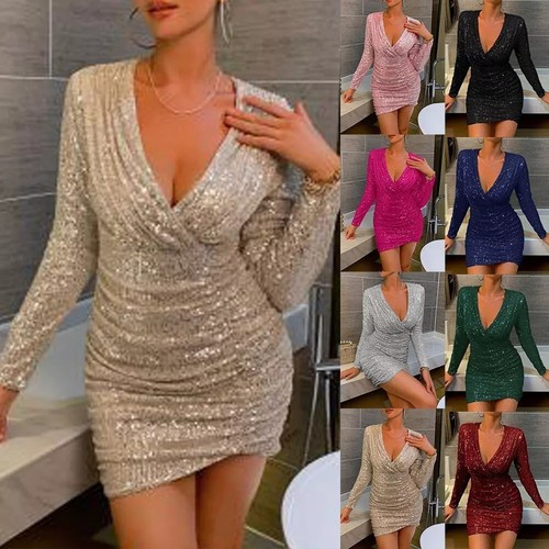 Women sexy sequins neck - sequins, v-neck